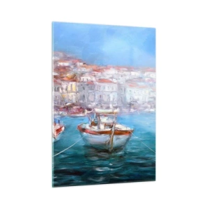 Quadro su vetro - Porto di pescatori con barche sullo sfondo di edifici italiani e cielo azzurro - 50x70cm - Golfo italiano - Decorazione murale moderna per soggiorno e camera da letto ARTTOR