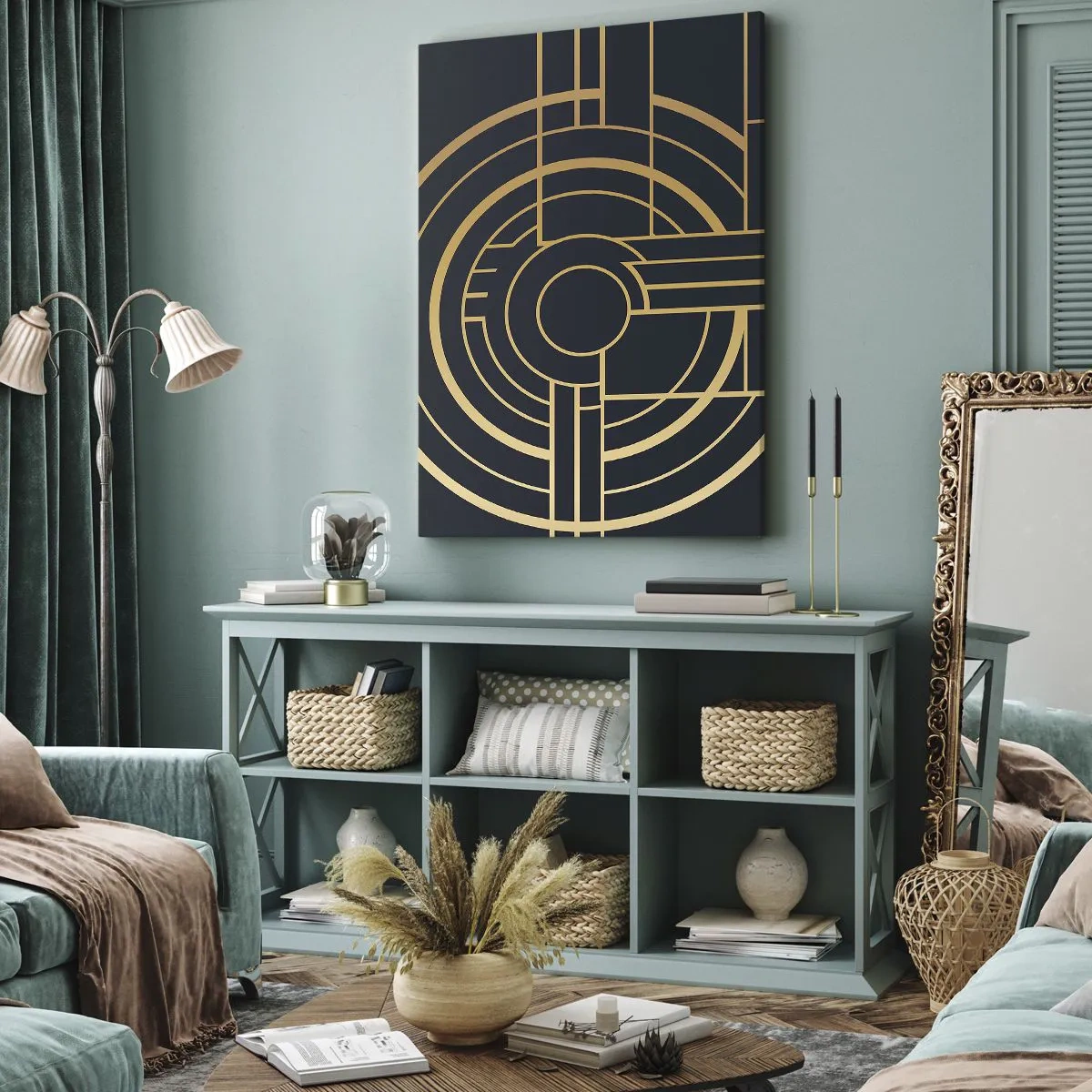 Quadro su tela - Stampe su Tela - Motivo geometrico con linee dorate - 50x70cm - Il giro delle cose - Decorazione murale moderna per soggiorno e camera da letto ARTTOR