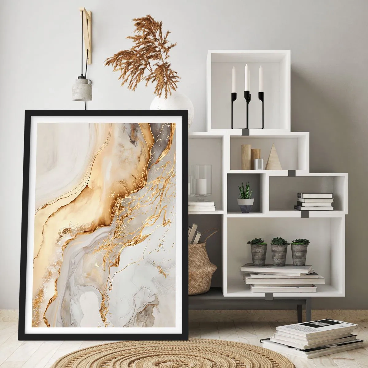 Poster in cornice nera - Composizione astratta in marmo bianco e oro - 50x70cm - Astrazione: bellezza e bontà - Decorazione murale moderna per soggiorno e camera da letto ARTTOR