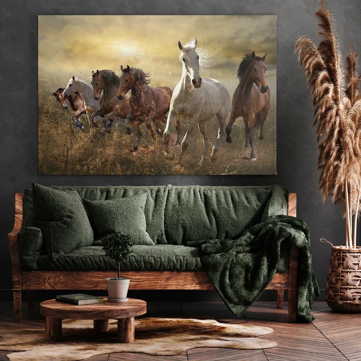 Quadro su tela - Stampe su Tela - Un gruppo di cavalli al galoppo sullo sfondo del sole al tramonto - 120x80cm - Evviva la libertà! - Decorazione murale moderna per soggiorno e camera da letto ARTTOR