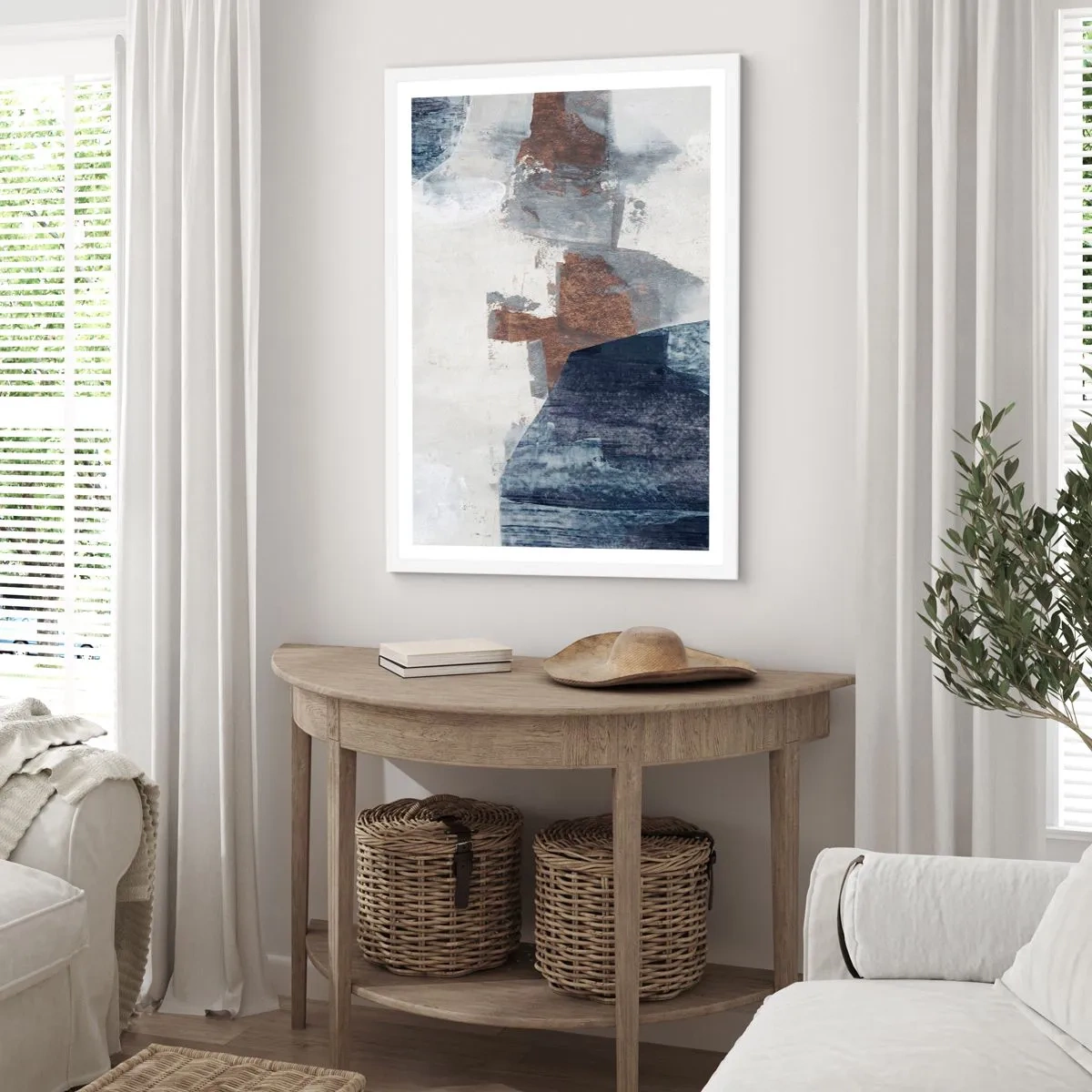 Poster in cornice bianca - Forme blu e marroni - 70x100 cm