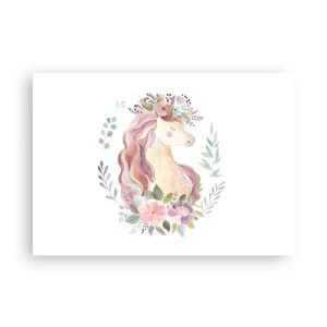 Poster - Un unicorno dai colori pastello circondato da fiori - 100x70cm - Invito nel mondo delle favole - Decorazione murale moderna per soggiorno e camera da letto ARTTOR