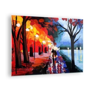 Quadro su vetro - Una coppia che cammina in un parco colorato la sera - 70x50cm - Autunno infuocato nel parco - Decorazione murale moderna per soggiorno e camera da letto ARTTOR