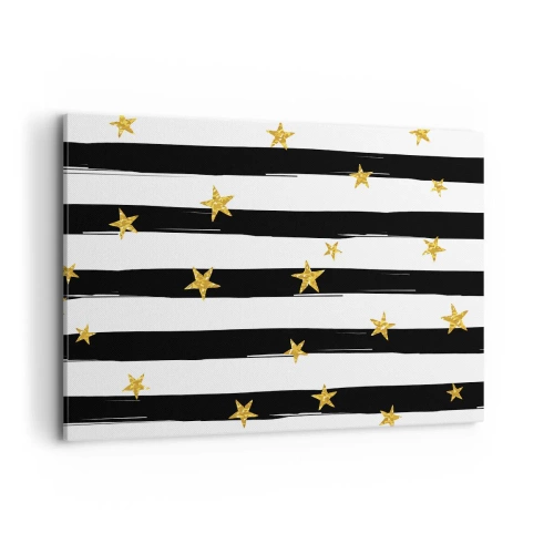 Quadro su tela - Stampe su Tela - Strisce bianche e nere con stelle dorate - 100x70cm - Siamo tutti nati sotto una buona stella - Decorazione murale moderna per soggiorno e camera da letto ARTTOR