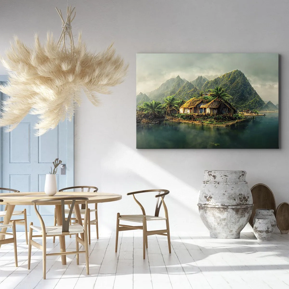Quadro su tela - Stampe su Tela - Un'isola tropicale con palme e montagne sullo sfondo - 100x70cm - Paradiso tropicale - Decorazione murale moderna per soggiorno e camera da letto ARTTOR