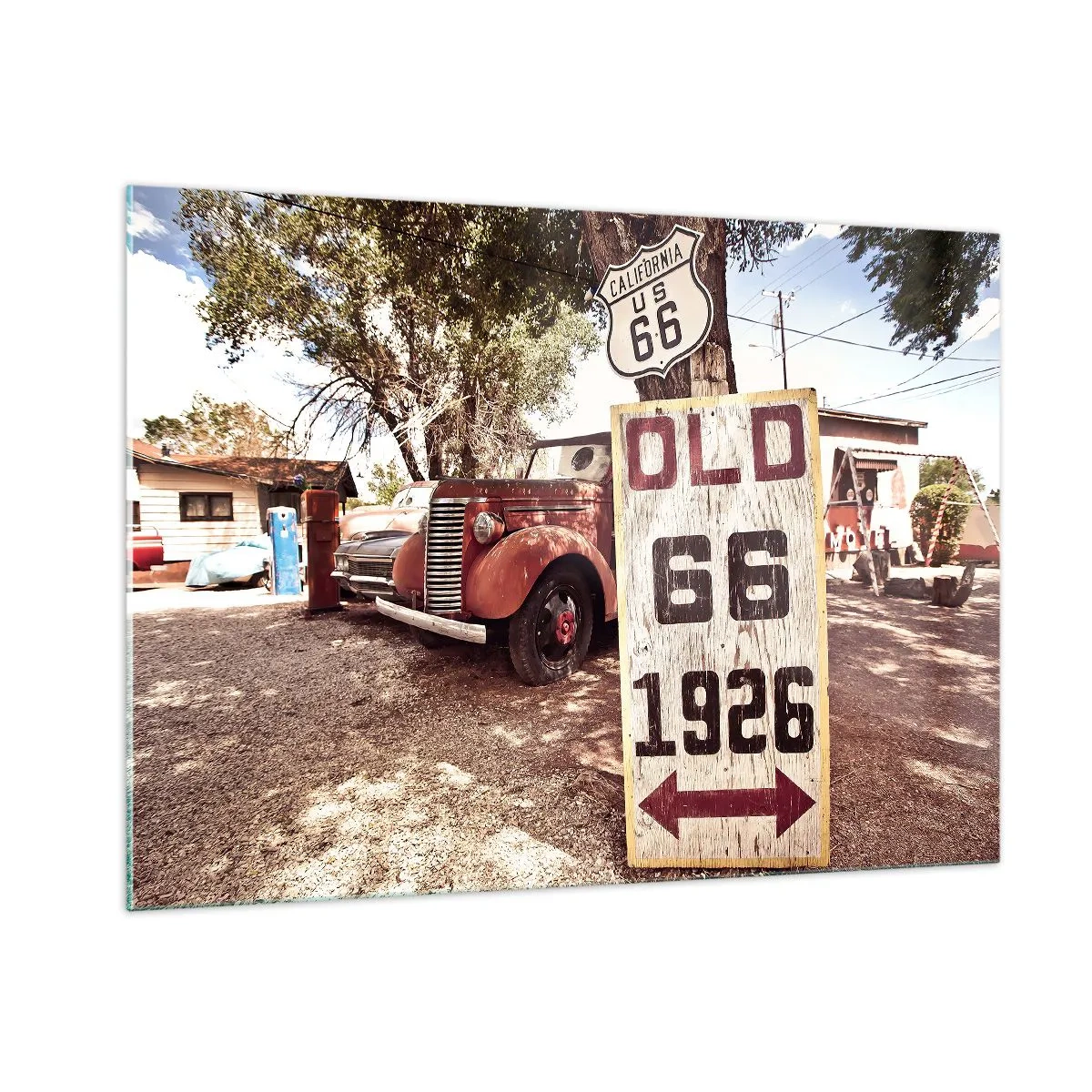 Quadro su vetro - Cartello d'epoca e retrò della Route 66 - 100x70cm - La leggenda della provincia americana - Decorazione murale moderna per soggiorno e camera da letto ARTTOR