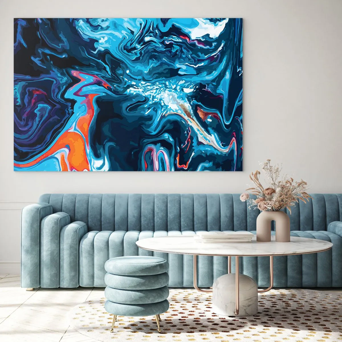 Quadro su vetro - Un motivo astratto nelle tonalità del blu con accenti di rosso e bianco. - 120x80cm - Viaggio al centro del cielo - Decorazione murale moderna per soggiorno e camera da letto ARTTOR