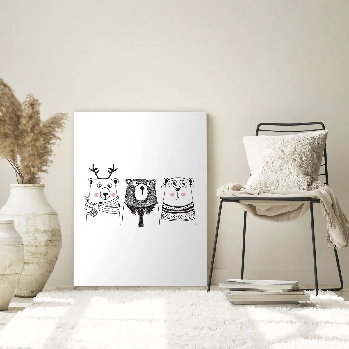 Quadro su vetro - Tre orsi divertenti in un'illustrazione in bianco e nero - 50x70cm - Orso, orsetto e orsino - Decorazione murale moderna per soggiorno e camera da letto ARTTOR