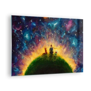 Quadro su vetro - Una figura con una volpe su un pianeta sotto un cielo stellato - 70x50cm - Amore e amicizia: l'intero mondo - Decorazione murale moderna per soggiorno e camera da letto ARTTOR