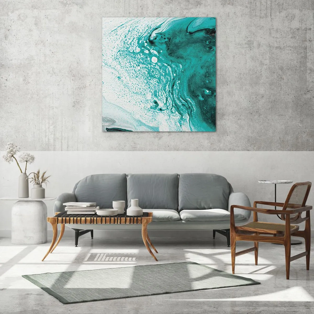 Quadro su vetro - Sciogliendosi nel bianco e nel turchese - 40x40 cm