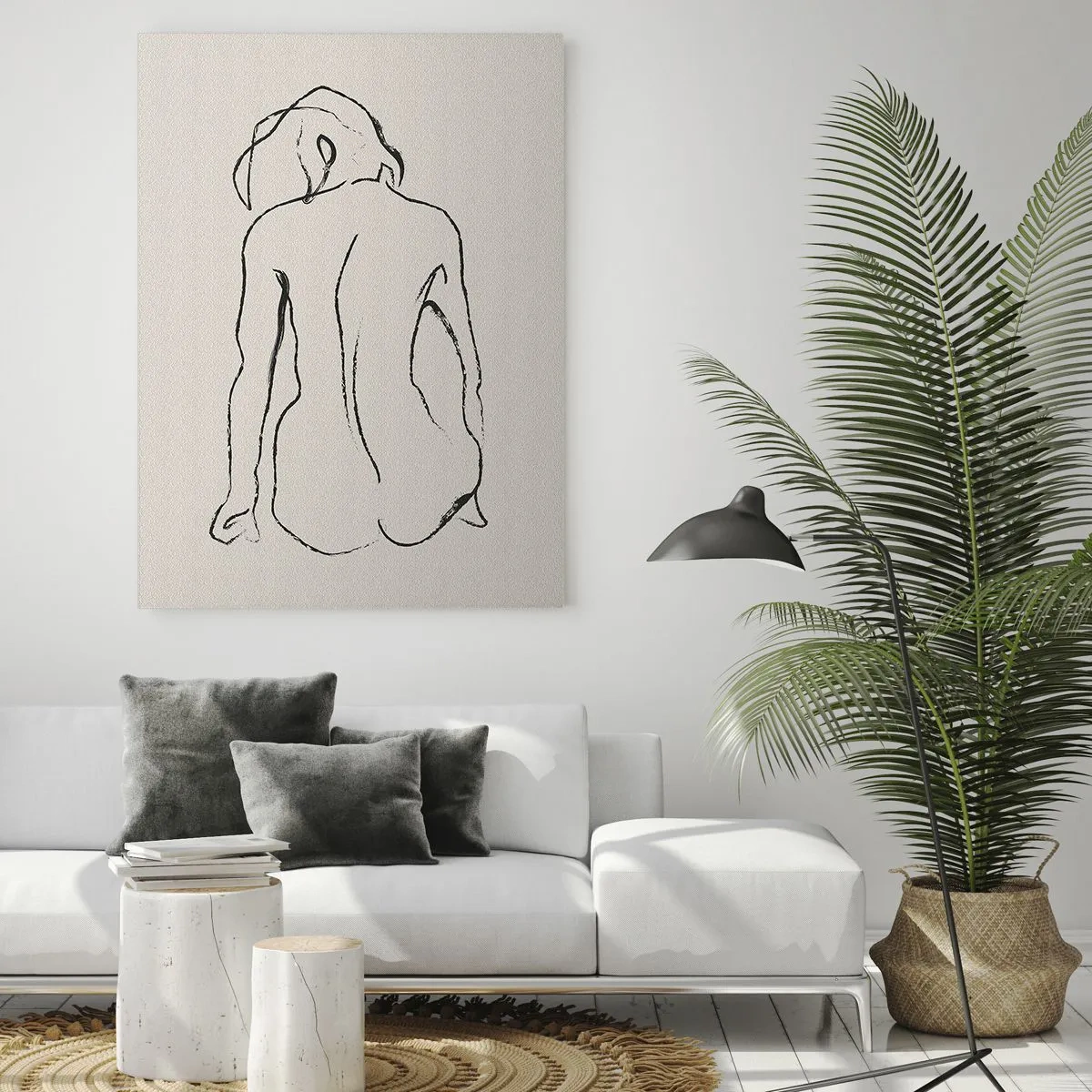 Quadro su vetro - Uno schizzo sottile della silhouette di una ragazza vista da dietro - 80x120cm - Nudo di ragazza - Decorazione murale moderna per soggiorno e camera da letto ARTTOR