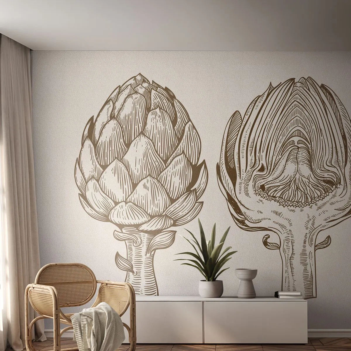 Fotomurali Standard Eco - Un carciofo dei cartoni animati in sezione trasversale e intero su uno sfondo chiaro - 100x70cm - Lezione di anatomia - Decorazione murale moderna per soggiorno e camera da letto ARTTOR