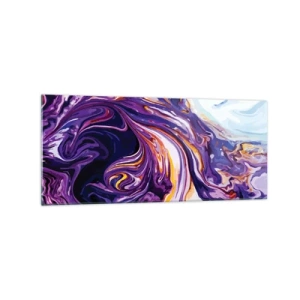 Quadro su vetro - Un motivo astratto dinamico nelle tonalità del viola e del giallo. - 120x50cm - Curvatura dello spazio in viola - Decorazione murale moderna per soggiorno e camera da letto ARTTOR