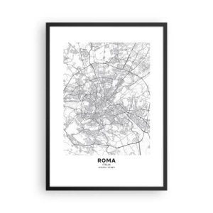 Poster in cornice nera - Mappa di Roma in bianco e nero con strade e monumenti dettagliati - 50x70cm - L'anello romano - Decorazione murale moderna per soggiorno e camera da letto ARTTOR