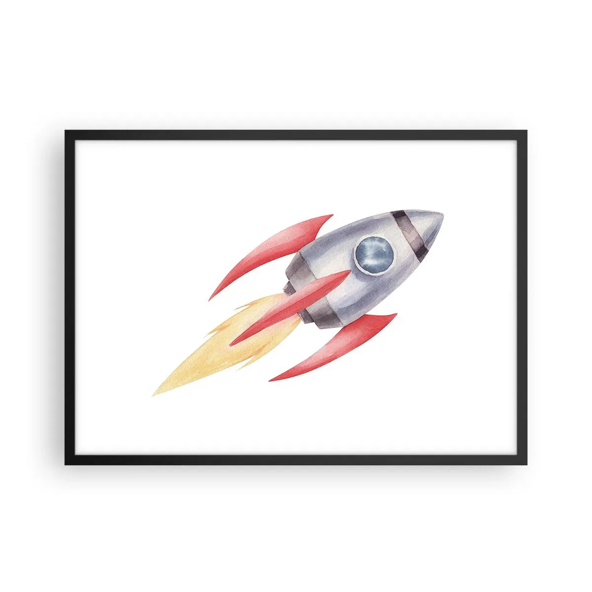 Poster in cornice nera - Razzo in stile acquerello su sfondo bianco - 70x50cm - Più in alto, più veloce, più lontano - Decorazione murale moderna per soggiorno e camera da letto ARTTOR