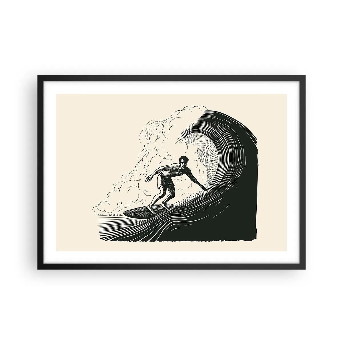Poster in cornice nera - Grafica in bianco e nero di un surfista che cavalca un'onda - 70x50cm - Il re delle onde - Decorazione murale moderna per soggiorno e camera da letto ARTTOR