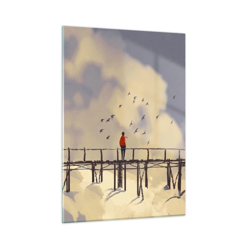 Quadro su vetro - Un uomo su un ponte di legno circondato dalle nuvole - 50x70cm - Nostalgia del cielo - Decorazione murale moderna per soggiorno e camera da letto ARTTOR