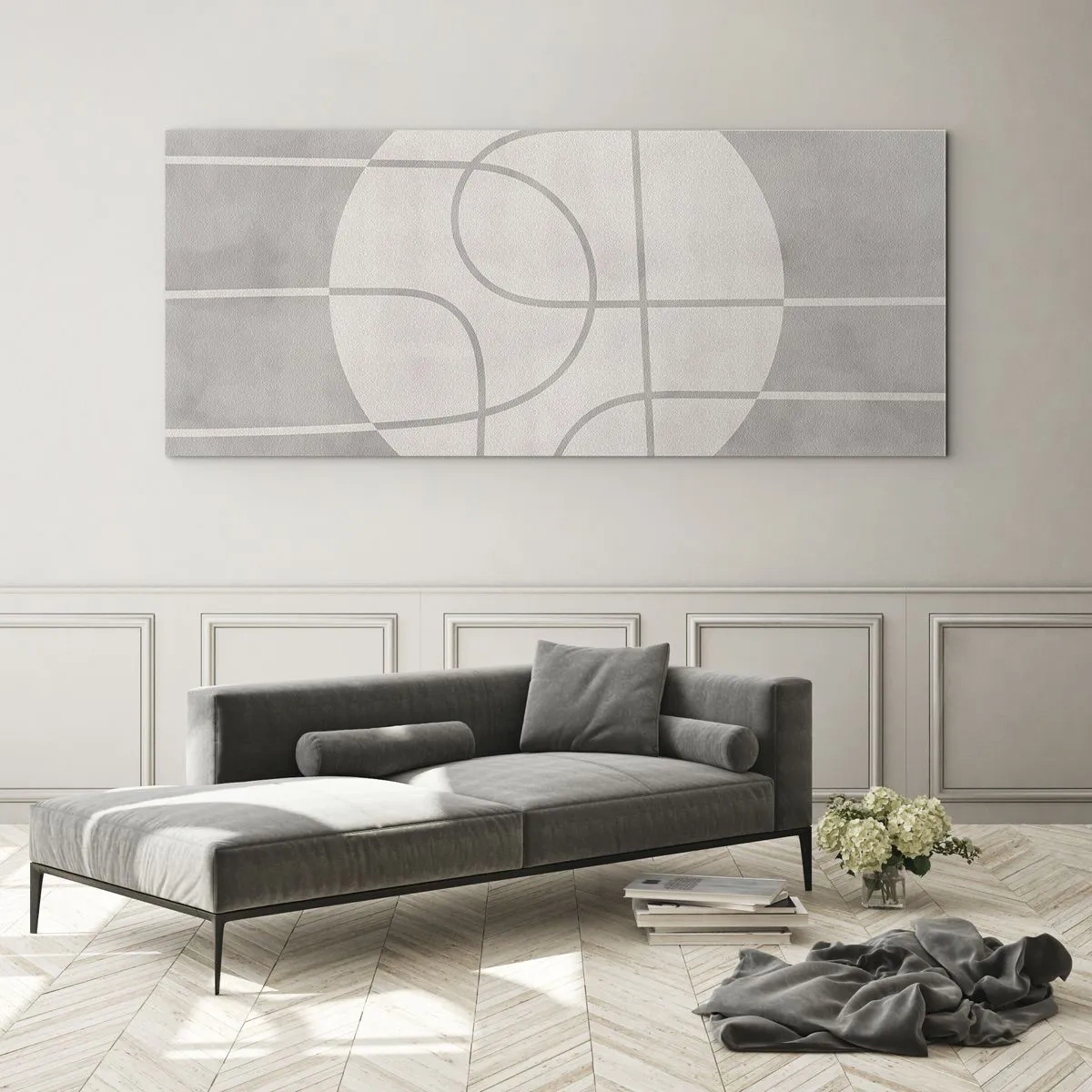 Quadro su vetro - Motivo geometrico nei toni del grigio e del bianco - 140x50cm - Tondo e dritto - Decorazione murale moderna per soggiorno e camera da letto ARTTOR
