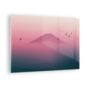 Quadro su vetro - Un paesaggio minimalista con una montagna e uccelli dai colori pastello. - 70x50cm - Viandanti sopra le nuvole - Decorazione murale moderna per soggiorno e camera da letto ARTTOR