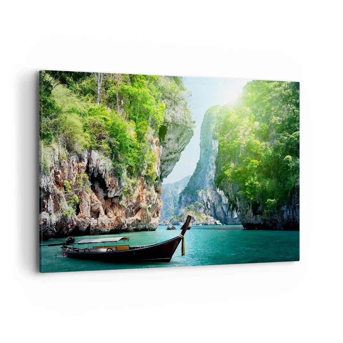Quadro su tela - Stampe su Tela - Una barca tradizionale sullo sfondo di scogliere tropicali e acque turchesi - 100x70cm - Invito a un viaggio esotico - Decorazione murale moderna per soggiorno e camera da letto ARTTOR