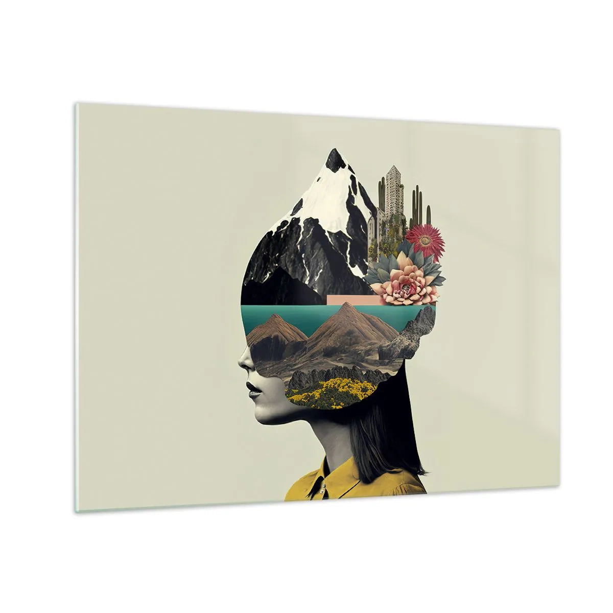 Quadro su vetro - Silhouette di una donna con un paesaggio montano e la flora nella sua testa - 70x50cm - La donna è sempre un mistero - Decorazione murale moderna per soggiorno e camera da letto ARTTOR