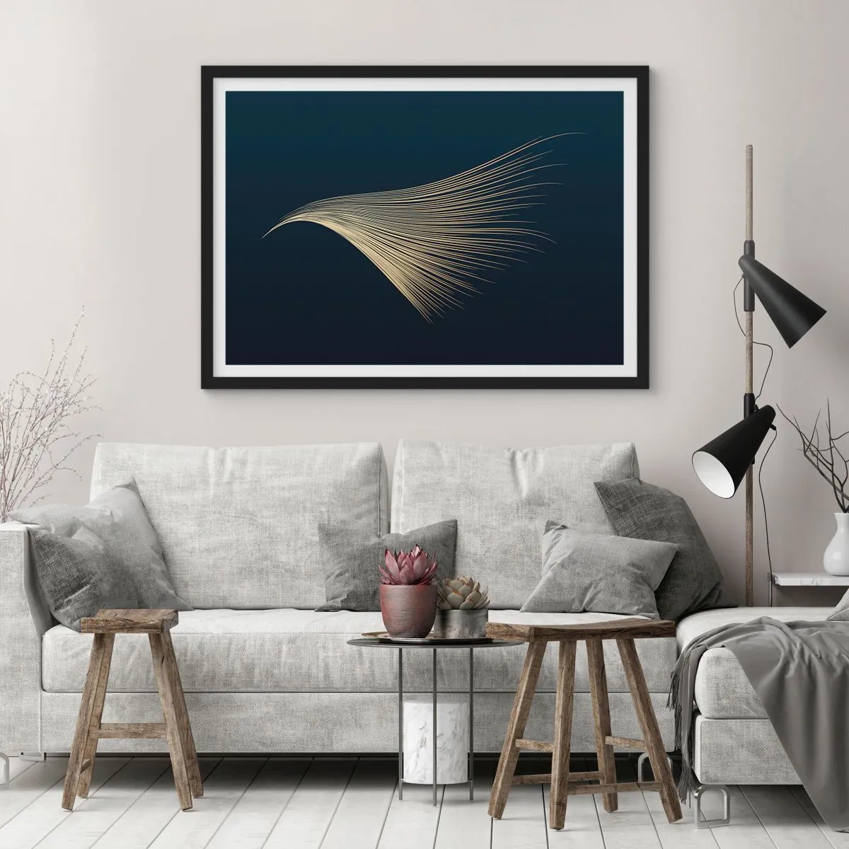 Poster in cornice nera - Una delicata linea simile a una piuma su uno sfondo blu navy - 100x70cm - Come un capello d'angelo - Decorazione murale moderna per soggiorno e camera da letto ARTTOR