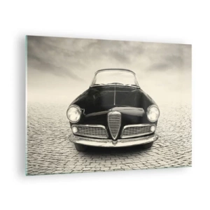Quadro su vetro - Auto d'epoca su strada acciottolata in bianco e nero - 70x50cm - Come non amarmi? - Decorazione murale moderna per soggiorno e camera da letto ARTTOR