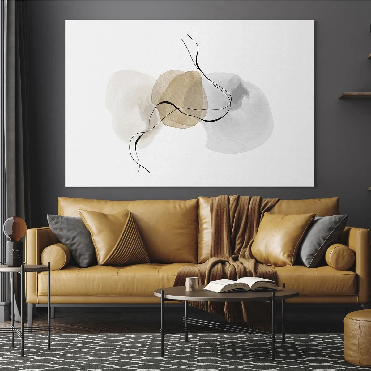 Quadro su vetro - Una sottile astrazione con macchie pastello e linee nere. - 70x50cm - Grani d'aria - Decorazione murale moderna per soggiorno e camera da letto ARTTOR