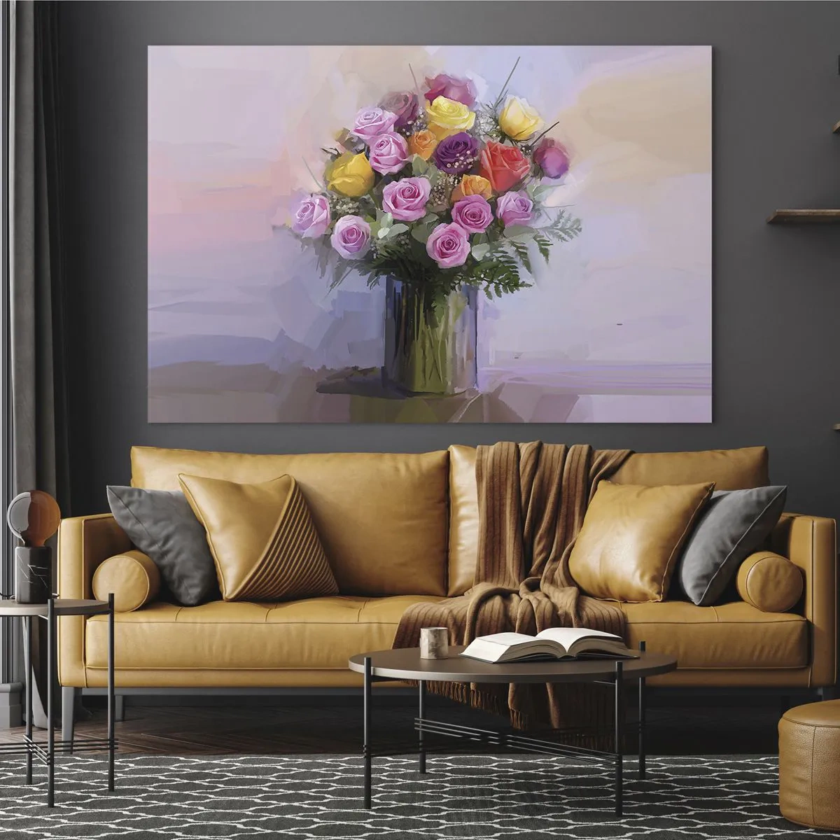 Quadro su vetro - Un mazzo di rose in un vaso di vetro su uno sfondo pastello - 120x80cm - Bellezza immobile - Decorazione murale moderna per soggiorno e camera da letto ARTTOR