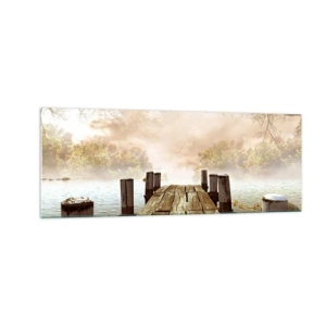 Quadro su vetro - Un molo di legno che conduce a un lago calmo nella nebbia mattutina - 140x50cm - La mite melanconia autunnale - Decorazione murale moderna per soggiorno e camera da letto ARTTOR