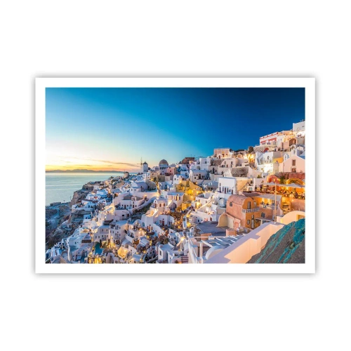 Poster - Vista di una città greca al tramonto - 100x70cm - Essenza della grecità - Decorazione murale moderna per soggiorno e camera da letto ARTTOR