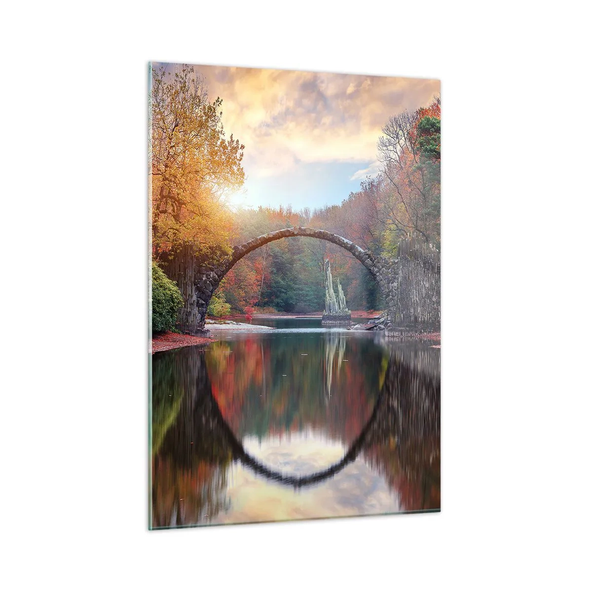 Quadro su vetro - Un ponte di pietra riflesso in un lago in mezzo a una foresta autunnale - 50x70cm - Dall'altro lato dello specchio - Decorazione murale moderna per soggiorno e camera da letto ARTTOR
