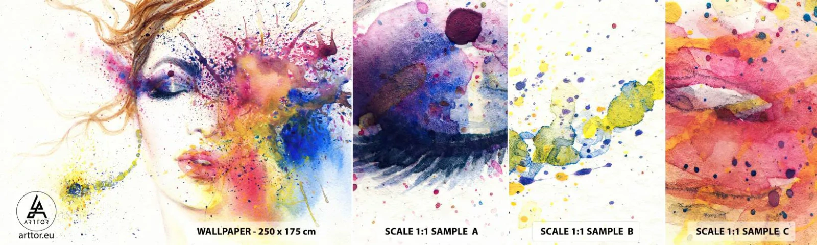 Campione di Fotomurale Adesivo Deluxe Sticker - Capogiro arcobaleno - Astrazione, Volto di donna, Ritratto di una donna - 100x30 cm