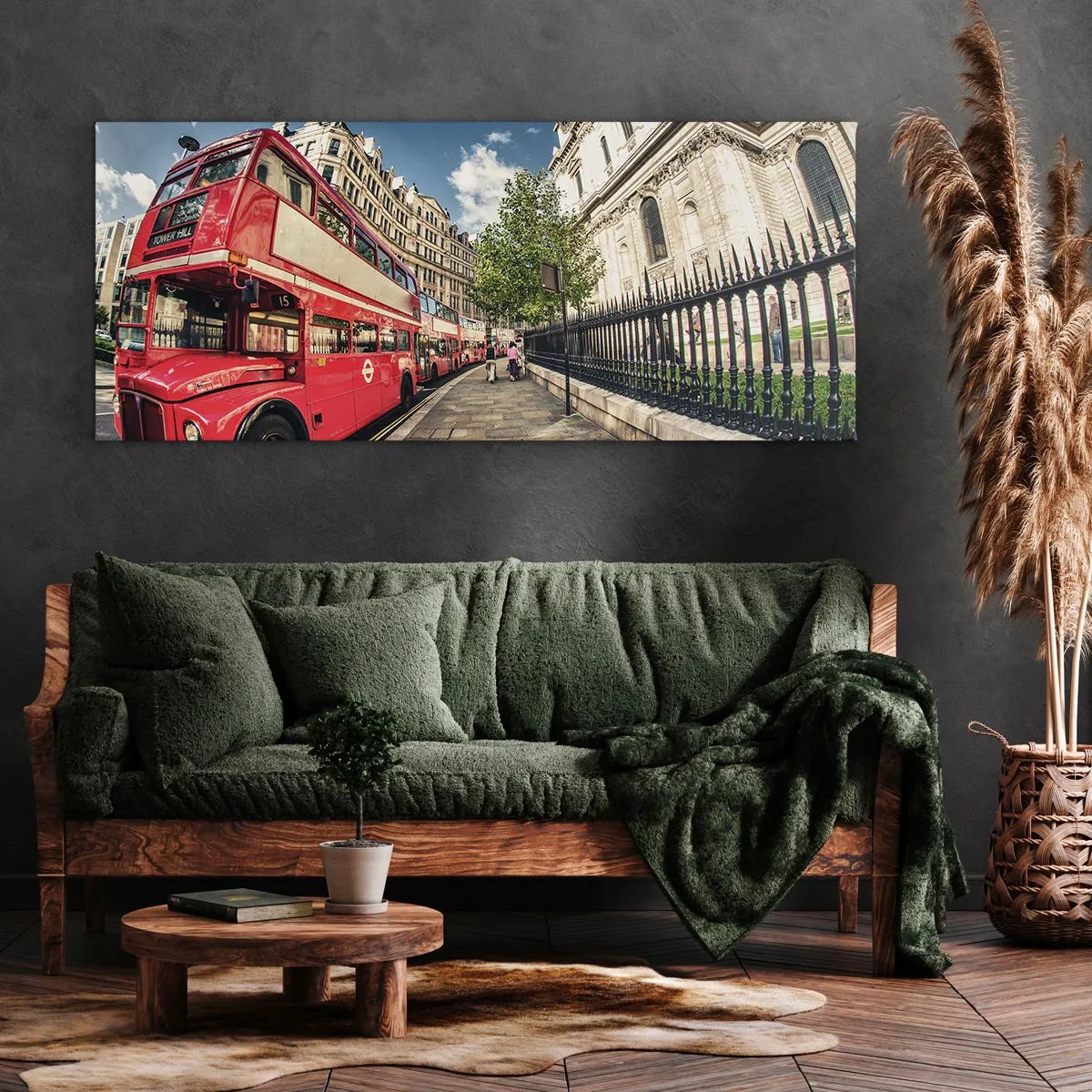 Quadro su tela - Stampe su Tela - Autobus rosso a due piani a Londra vicino alla strada e alla cattedrale - 120x50cm - Via di Londra in grigio e rosso - Decorazione murale moderna per soggiorno e camera da letto ARTTOR