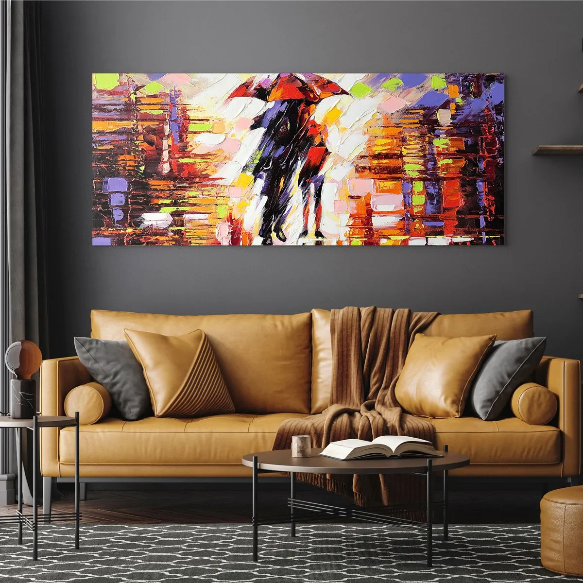 Quadro su vetro - Una scena astratta di una passeggiata sotto un ombrello in una notte piovosa. - 160x50cm - Insieme nella notte e nella pioggia - Decorazione murale moderna per soggiorno e camera da letto ARTTOR