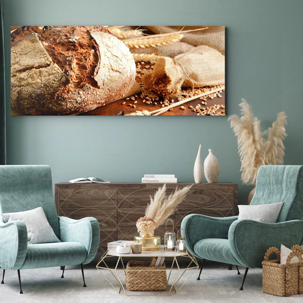 Quadro su tela - Stampe su Tela - Pane croccante con cereali e spighe di grano su fondo in legno - 140x50cm - Appetitoso, profumato, croccante - Decorazione murale moderna per soggiorno e camera da letto ARTTOR