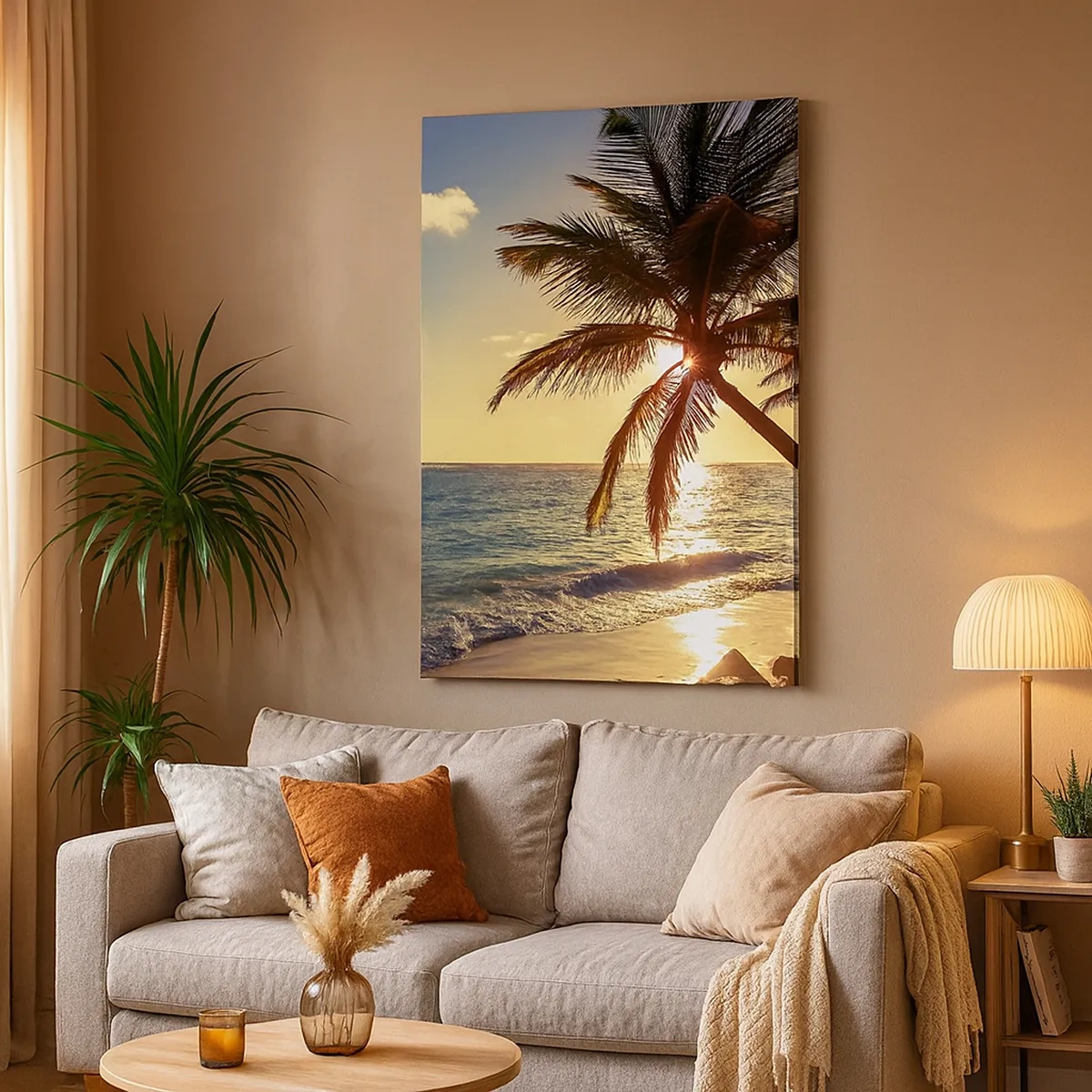 Quadro su tela - Stampe su Tela - Tramonto tropicale su una spiaggia con palme - 50x70cm - Estate sotto le palme - Decorazione murale moderna per soggiorno e camera da letto ARTTOR