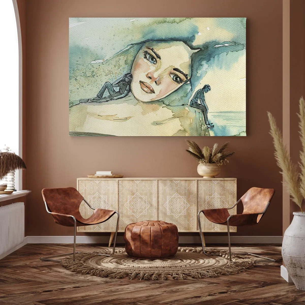 Quadro su tela - Stampe su Tela - Acquerello del volto di una donna con motivo riflettente - 70x50cm - Am I blue? - Decorazione murale moderna per soggiorno e camera da letto ARTTOR