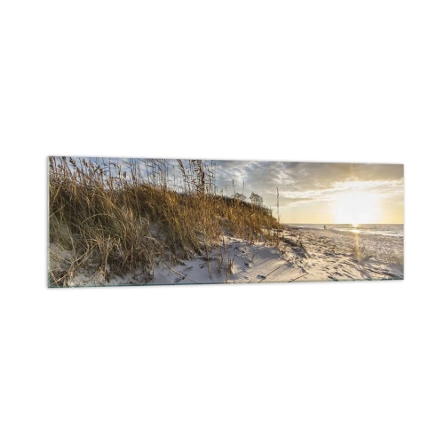 Quadro su vetro - Dune con erba e impronte nella sabbia al tramonto - 160x50cm - Invito a passeggiare - Decorazione murale moderna per soggiorno e camera da letto ARTTOR