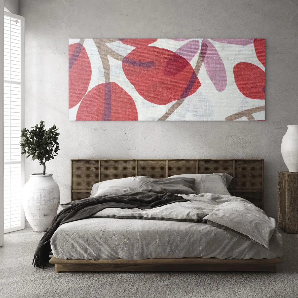 Quadro su vetro - Fiori e foglie nelle tonalità del rosso e del rosa - 140x50cm - Composizione di fiori in rosa - Decorazione murale moderna per soggiorno e camera da letto ARTTOR