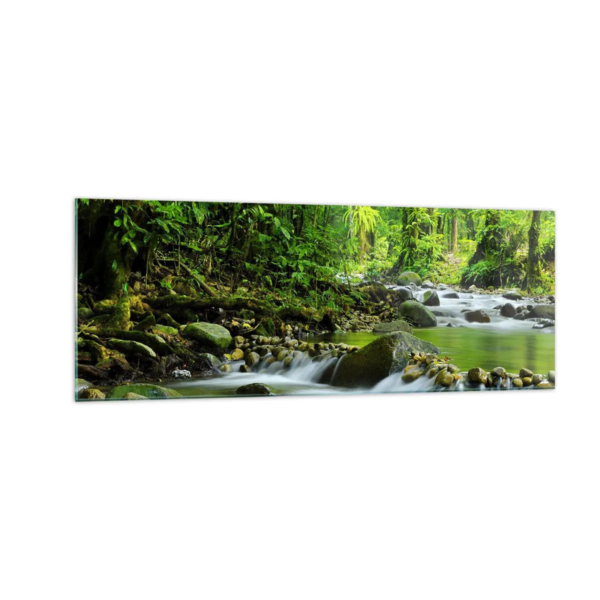 Quadro su vetro - Un ruscello in una lussureggiante foresta tropicale - 140x50cm - Fluttuando in un mare di verde - Decorazione murale moderna per soggiorno e camera da letto ARTTOR