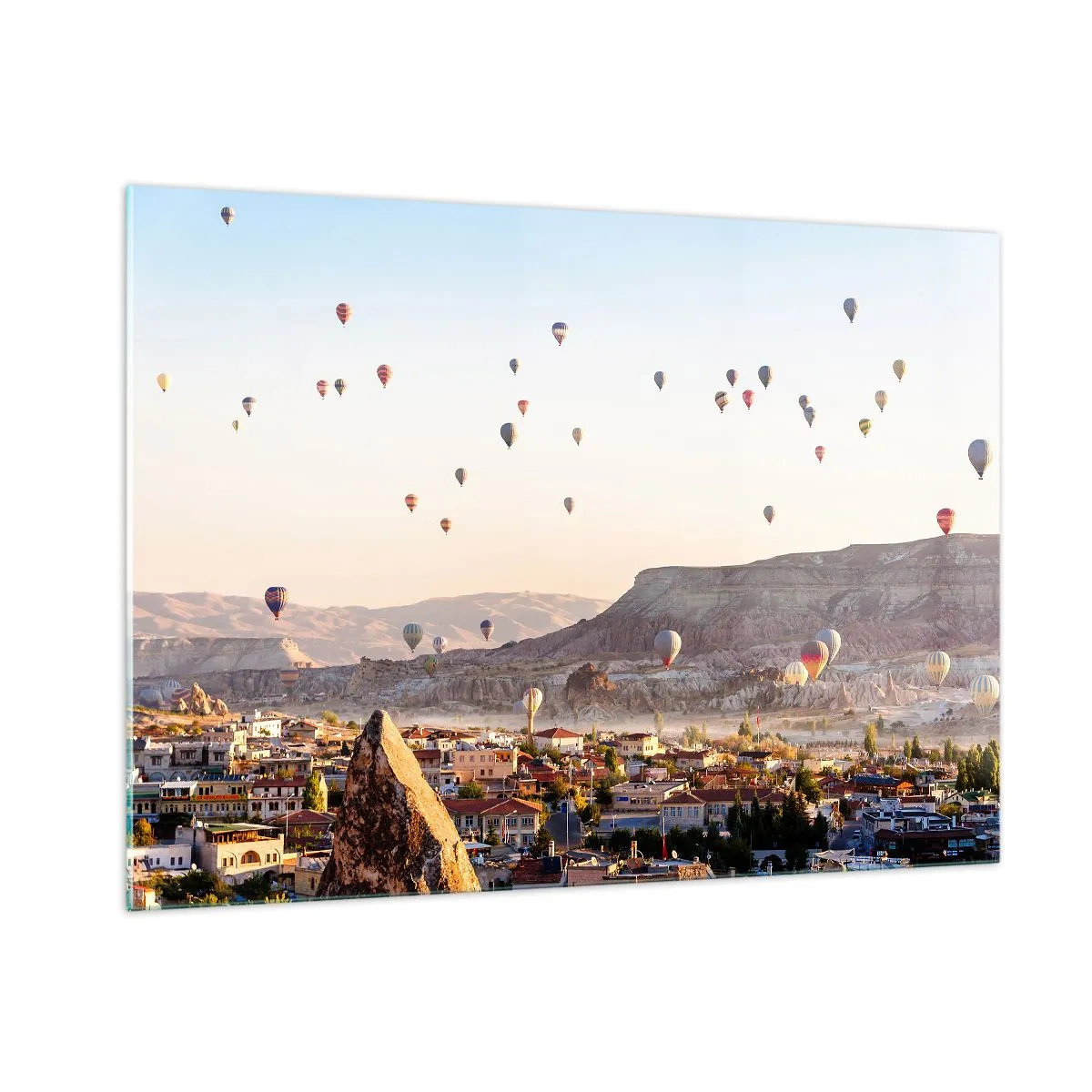 Quadro su vetro - Volo in mongolfiera sopra la Cappadocia alla luce del mattino - 100x70cm - Come navi nel cielo - Decorazione murale moderna per soggiorno e camera da letto ARTTOR