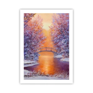 Poster - Paesaggio invernale con un ponte e il sole al tramonto riflesso nel fiume - 50x70cm - Incontriamoci qui - Decorazione murale moderna per soggiorno e camera da letto ARTTOR