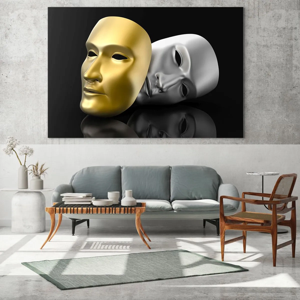 Quadro su vetro - Maschera in oro e argento su sfondo nero - 70x50cm - La vita è teatro - Decorazione murale moderna per soggiorno e camera da letto ARTTOR