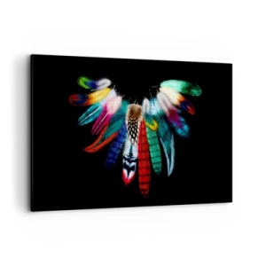 Quadro su tela - Stampe su Tela - Piume colorate su sfondo nero in una composizione artistica - 120x80cm - Collana indiana - Decorazione murale moderna per soggiorno e camera da letto ARTTOR