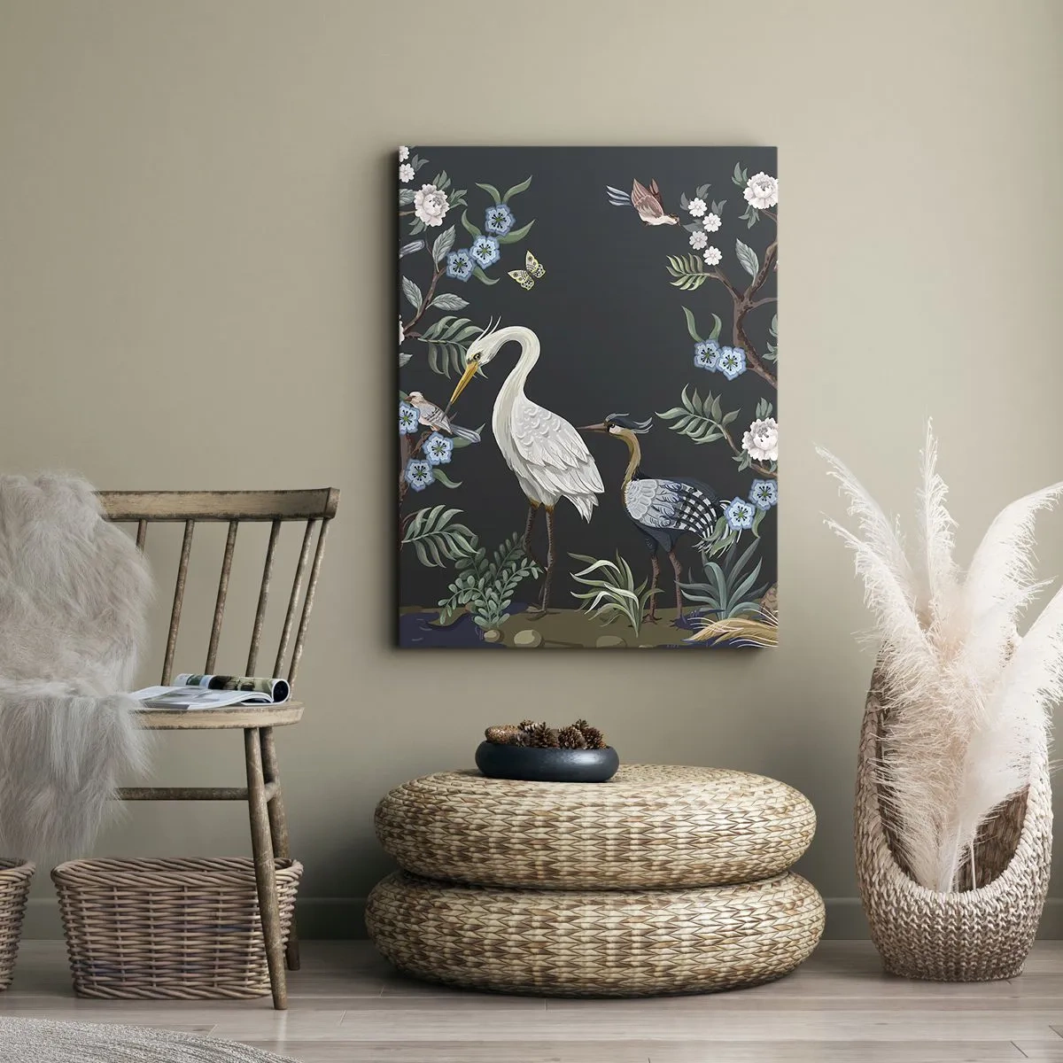 Quadro su tela - Stampe su Tela - Uccelli e piante dipinti su uno sfondo scuro con un motivo elegante - 70x100cm - La parata degli uccelli - Decorazione murale moderna per soggiorno e camera da letto ARTTOR