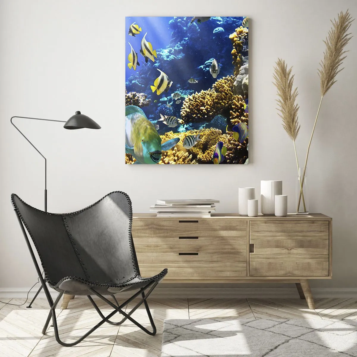 Quadro su vetro - Una barriera corallina colorata con pesci tropicali nelle profondità dell'oceano. - 80x120cm - Traffico intenso sulla via delle vacanze - Decorazione murale moderna per soggiorno e camera da letto ARTTOR