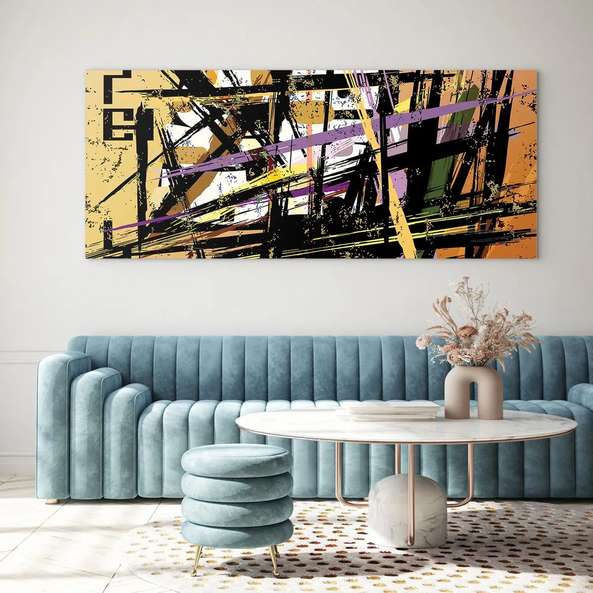 Quadro su vetro - Linee e forme astratte su uno sfondo beige - 140x50cm - Taglio netto - Decorazione murale moderna per soggiorno e camera da letto ARTTOR