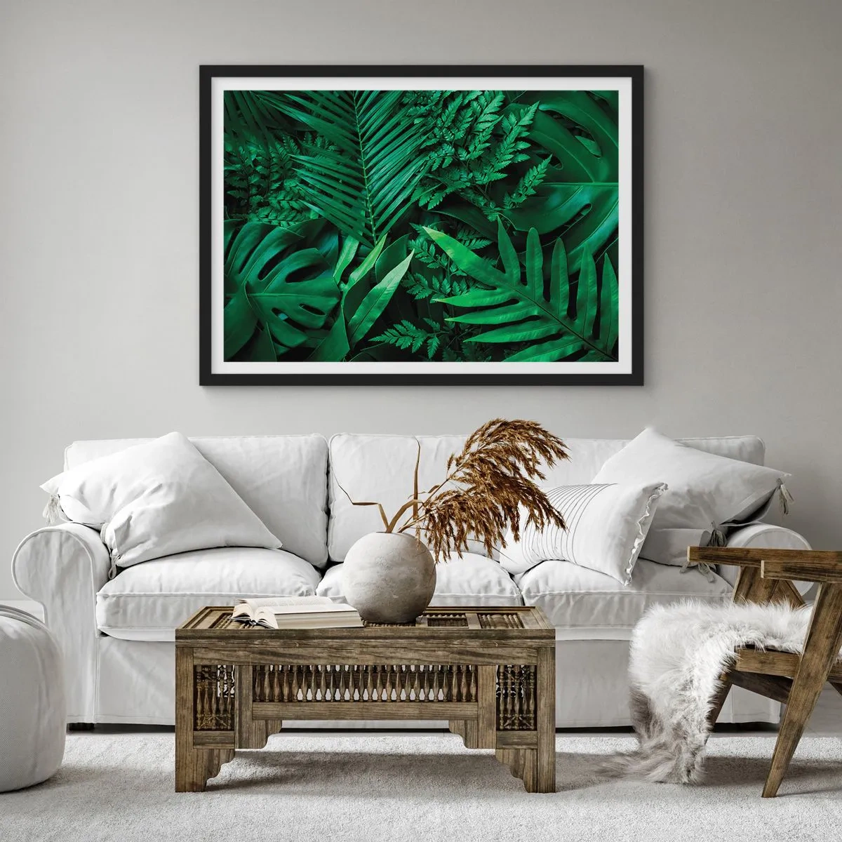 Poster in cornice nera - Foglie tropicali verdi in una composizione densa e naturale - 100x70cm - Avvolti nel verde - Decorazione murale moderna per soggiorno e camera da letto ARTTOR