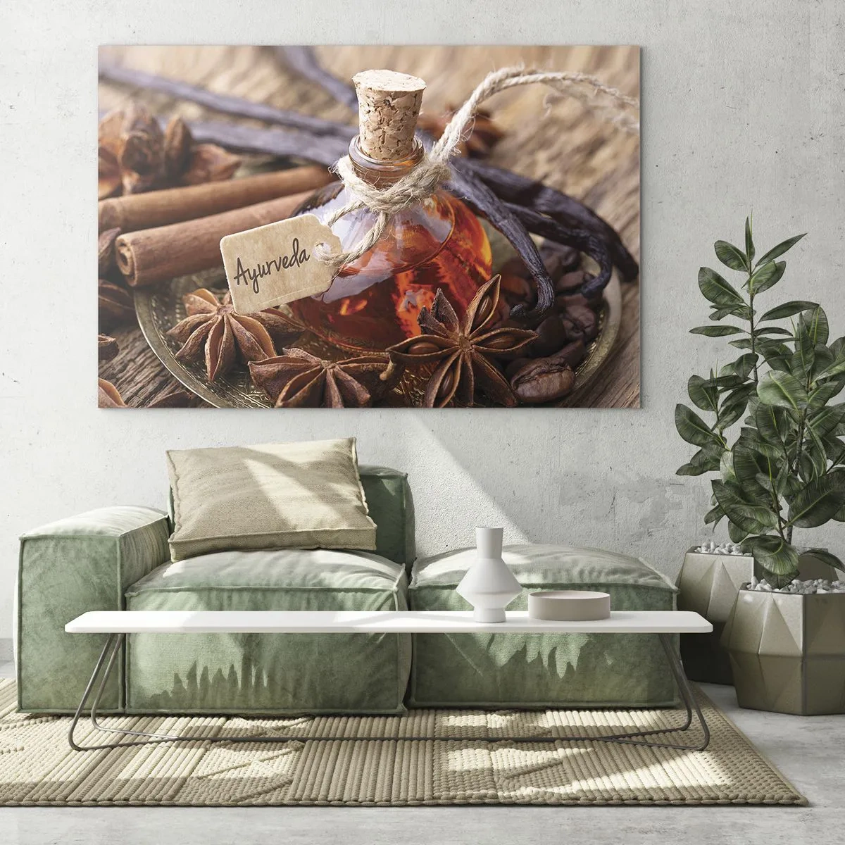 Quadro su vetro - Bottiglia di olio e spezie in stile ayurvedico - 120x80cm - Verso l'unità del corpo e dell'anima - Decorazione murale moderna per soggiorno e camera da letto ARTTOR
